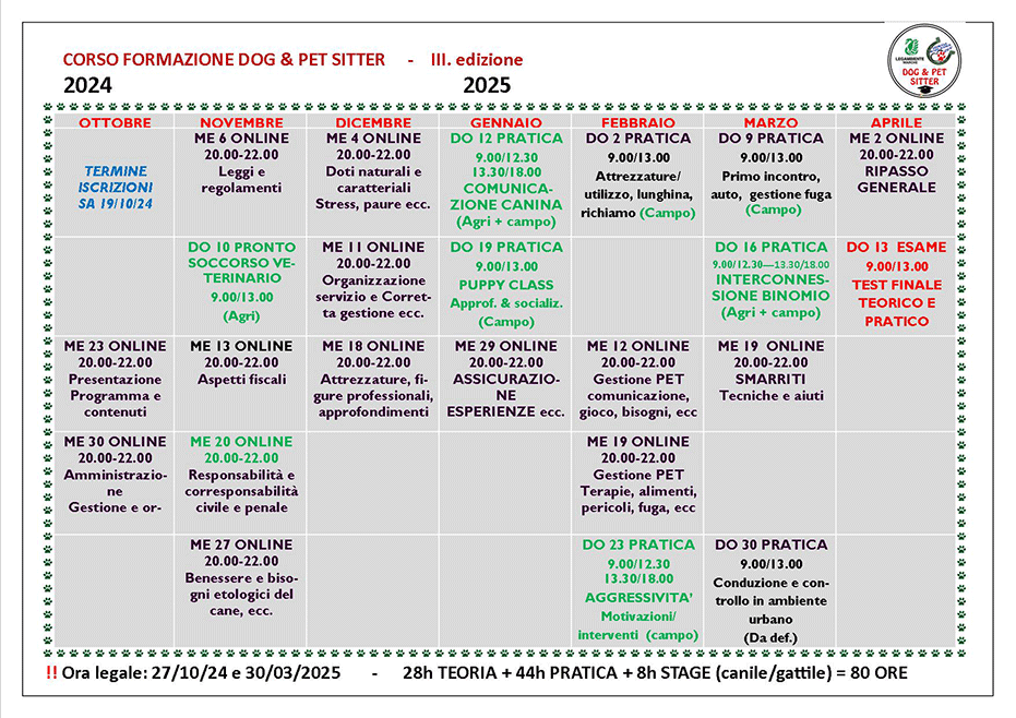 calendario corso Dog e Pet Sitter 2023-24 organizzato da Animals Mago Ranch ODV e Legambiente Marche